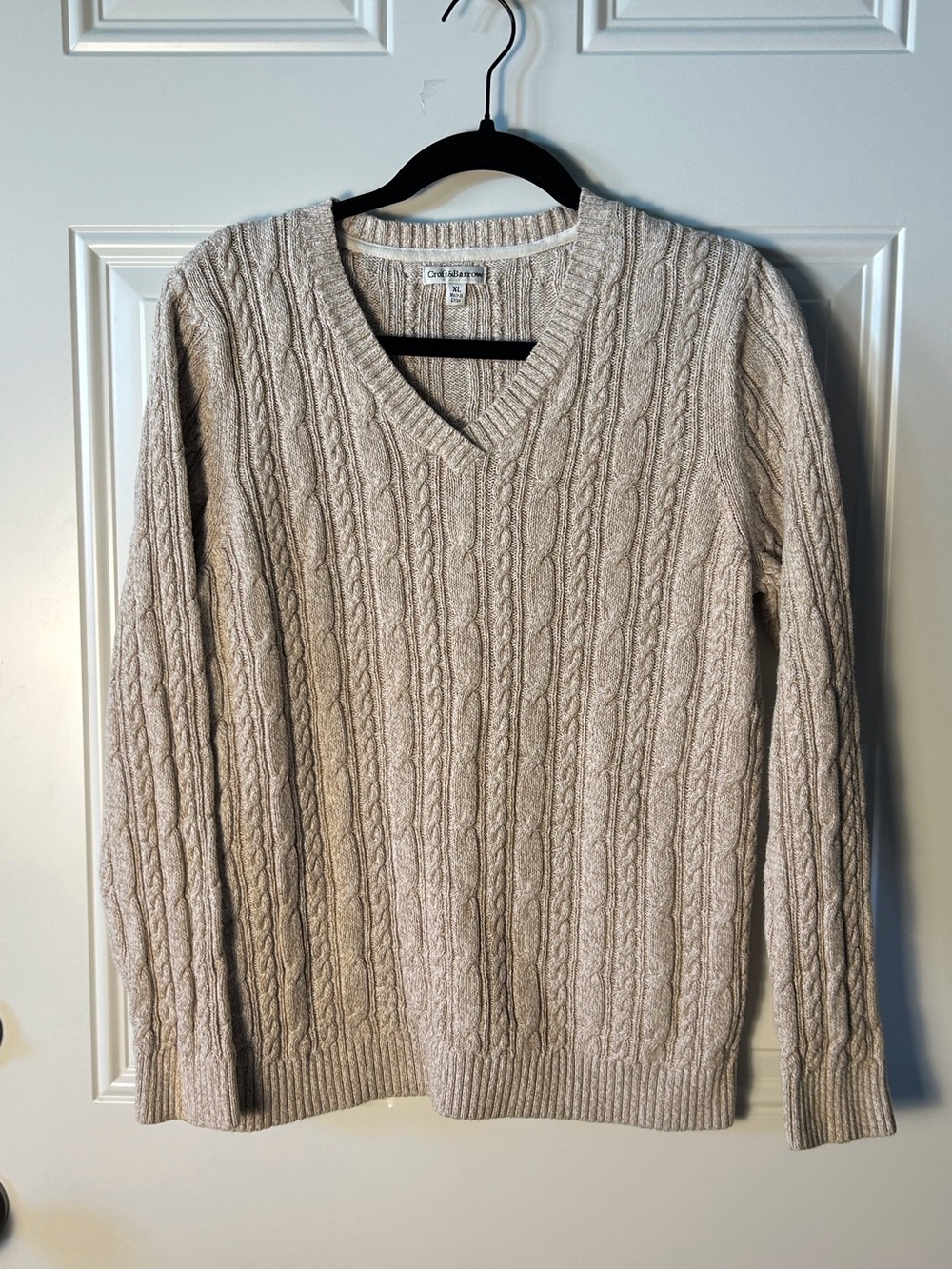100% Cotton Women XL Cable Knit Sweater Beige Pullover V Neck Fisherman Coastal